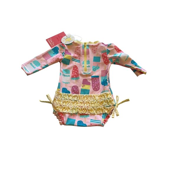 Ruffle Butts Baby Girls UPF 50+ Pink Ice Cream Print Long Sleeve Swimsuit - Picture 2 of 12
